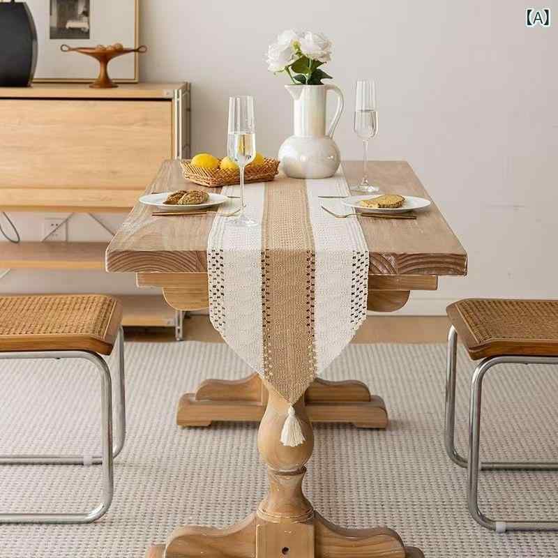 テーブルランナー 北欧 アメリカン フレンチ レトロ調 綿糸 コットン 編み込み フリンジ ロング 細長 ..