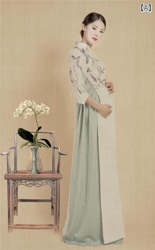 衣装 マタニティ 妊婦 プレママ フォト スタジオ チャイナ風 中華風 レトロ クラシック 上品 エレガント アート写真 記念 マタニティドレス 綿素材 フリーサイズ