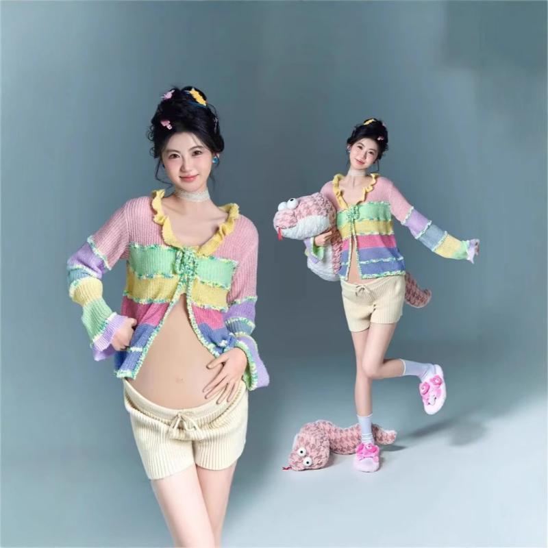 マタニティウェア 妊婦 撮影用 コスチューム マタニティフォト セルフフォト スタジオ撮影 ホームフォト トップス ショートパンツ 長袖 セットアップ ナチュラル かわいい フェミニン レインボー柄