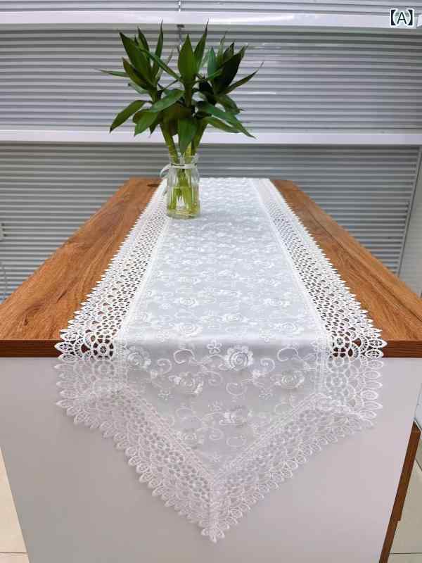 テーブルランナー アメリカン 北欧 リーフ柄 刺繡 レース ダブル 高級感 ポリエステル ホワイト リビング ダイニング テレビボード 装飾クロス