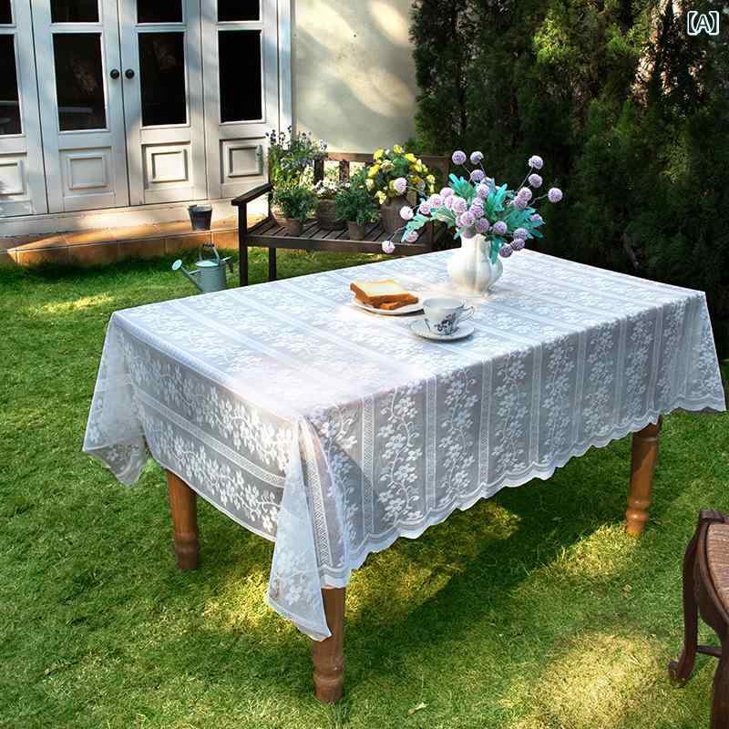 テーブルクロス ホワイト レース 刺繍 花柄 透かし フレンチカントリー 田園風 ナチュラル 長方形 リビング ダイニング 食卓 ティータイム カフェ 装飾 おしゃれ 防塵 滑り止め