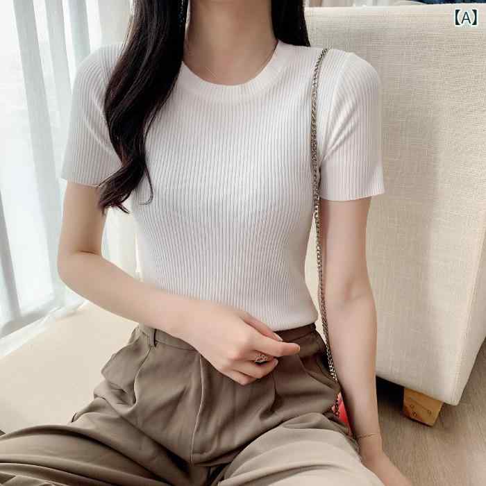 サマーニット レディース クルーネック 半袖 プルオーバー スタイリッシュ スリムフィット 接触冷感 薄手 ポリエステル マカロンカラー 無地 トップス カットソー 普段使い カジュアル きれいめ