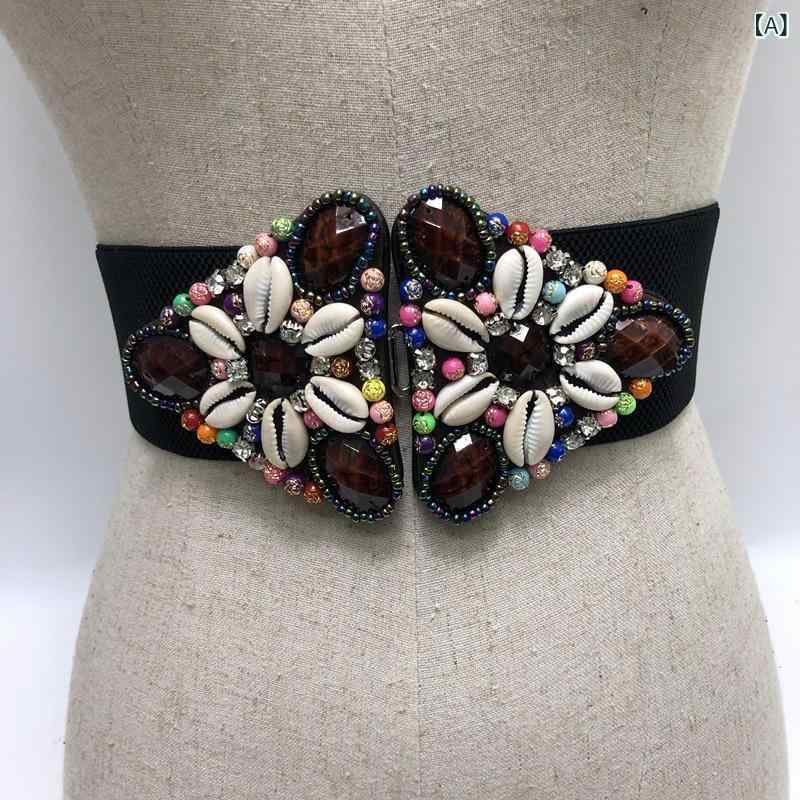 サッシュベルト レディース レトロ エスニック PUレザー ワイド 伸縮性 ストレッチ 花柄 ラインストー..