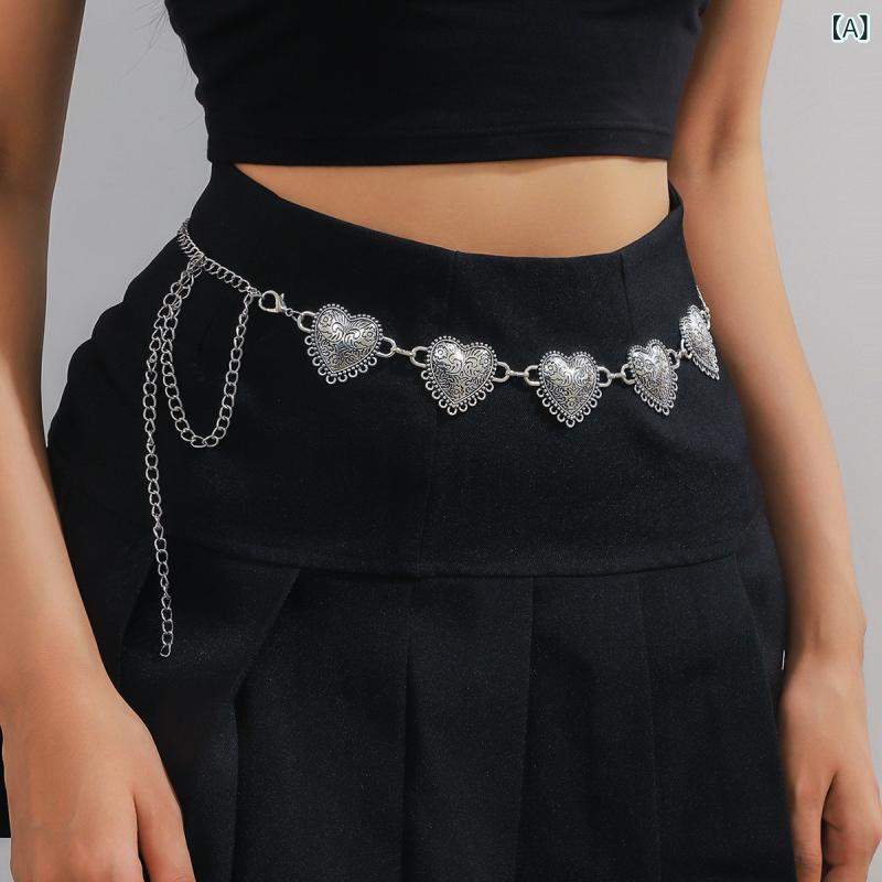 ウエストチェーン レディース 民族風 エスニック フリンジ タッセル 彫刻 欧米風 ボディチェーン 腰飾り 金属 古銀 アンティークシルバー 万能 ファッション小物