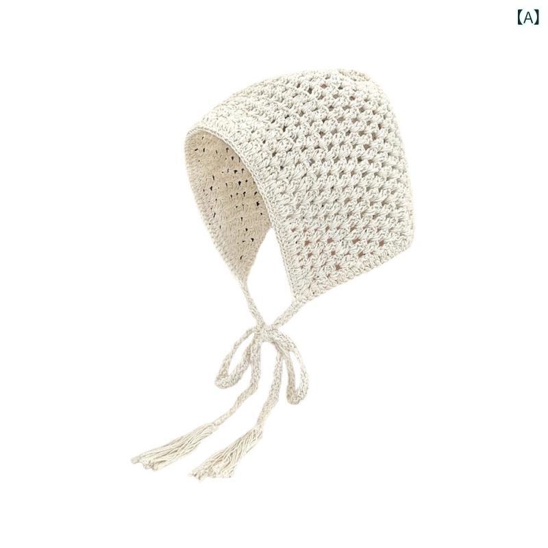 ニット帽 韓国ファッション インスタ映え 手編み 透かし編み かぎ針編み 花柄 ターバン 三角スカーフ 綿混 つばなし レトロ エスニック 通気性 ピンク オフホワイト 黒 春夏