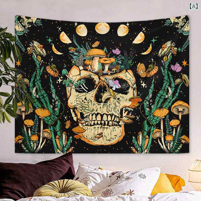 ウォールタペストリー 幾何学抽象 キノコスカル柄 北欧風 ポリエステル製 リビング 寝室 書斎 部屋 インテリア 背景装飾 長方形 機械織り マルチカラー 手洗いOK