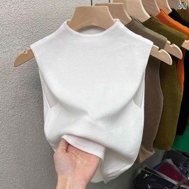 ニット トップス レディース モックネック ノースリーブ スリムフィット 細見え ショート丈 高級感 上..