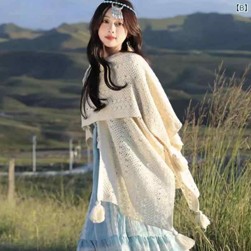ショール レディース 民族風 エスニック 扎染 ニット ポンチョ 羽織り リゾート 旅行 写真 撮影 チャイナドレス ポリエステル 白 アイボリー グラデーション 春夏 薄手