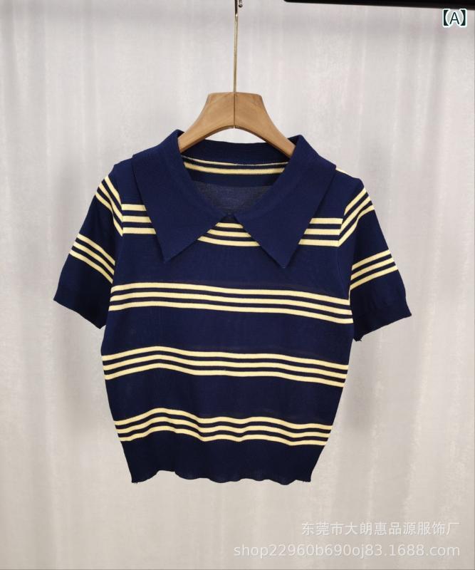 ニット レディース 春夏 レトロ ポロ襟 ストライプ柄 半袖 ショート丈 接触冷感 ポリエステル トップス..