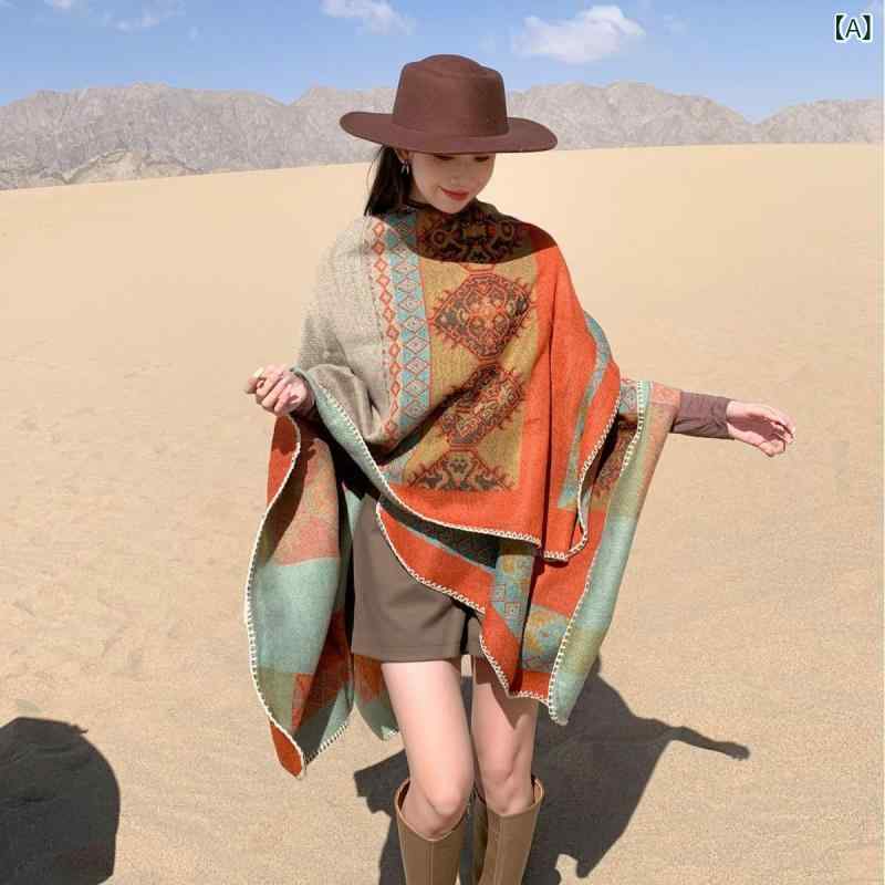 ポンチョ ショール レディース 女性用 民族風 エスニック レトロ 古風 高級感 フェイクカシミヤ カシミヤタッチ 幾何学模様 チェック柄 オフィススタイル 通勤 普段使い 羽織り ストール