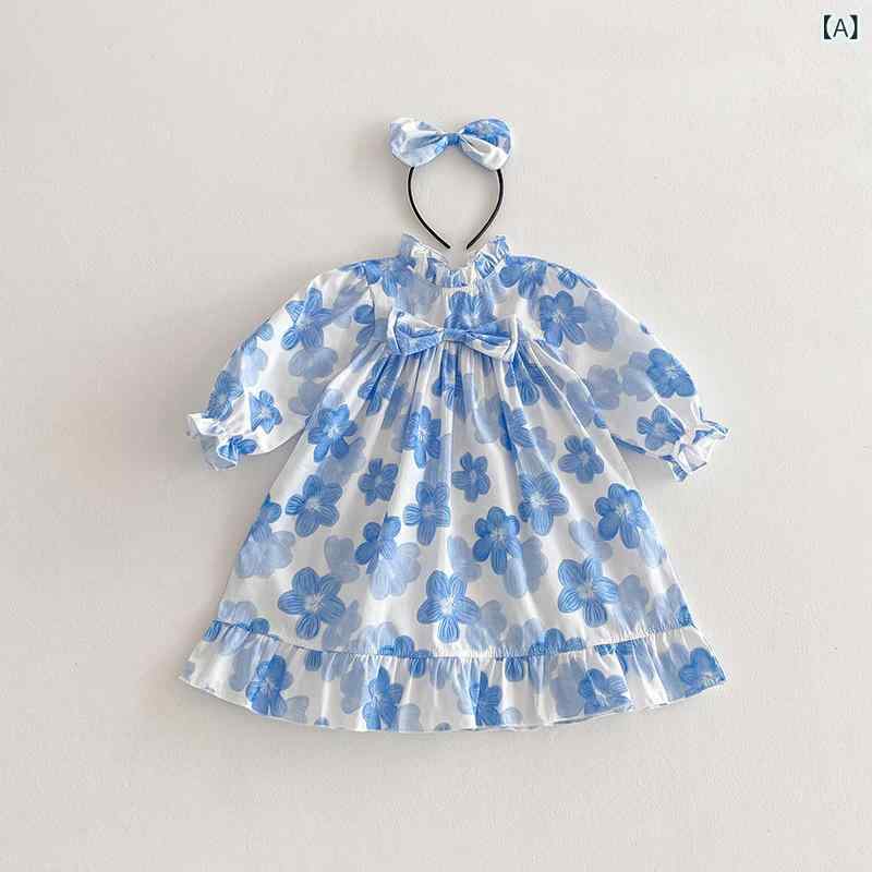 ワンピース キッズ 女の子 春秋 大花柄 長袖 プリンセス風 ドレス スウィート かわいい 綿 コットン 普段使い お出かけ Aライン 小学生 幼稚園 保育園 ソフトな肌触り