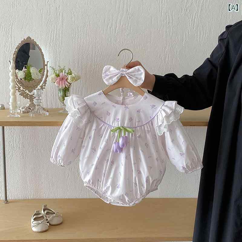 ロンパース ワンピース ベビー 女の子 春秋 長袖 フリル レース 立体花 3Dフラワー かわいい おしゃれ 綿 コットン 普段使い お出かけ 姉妹コーデ リンクコーデ お揃い