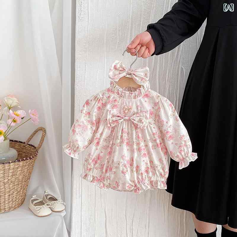 ワンピース ロンパース 女の子 ベビー 小花柄 長袖 綿 コットン 春秋 三角ロンパース カバーオール 普..