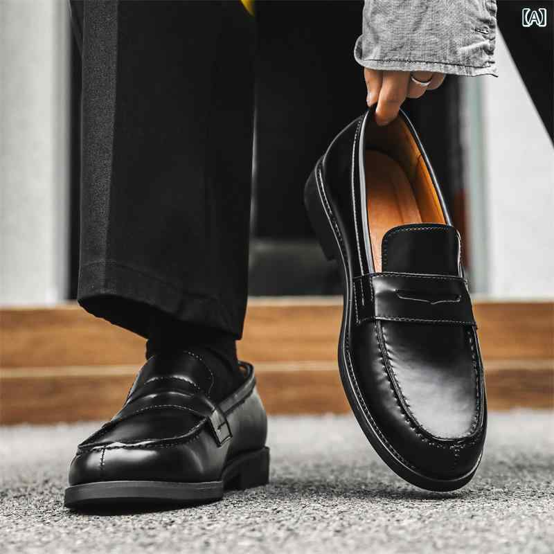 革靴 男性用 メンズ スリッポン ローファー ダービーシューズ 黒 ブラック 着脱簡単 軽量 快適 ビジネス フォーマル 通勤 普段使い オフィスカジュアル 英国風 合成皮革 レザーシューズ