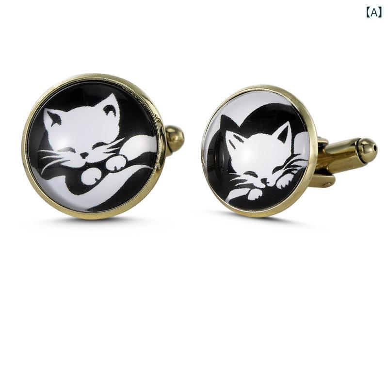 カフリンクス メンズ 男性用 欧米風 ファッション 猫モチーフ ラウンド 円形 シャツ カフス 合金 電気..