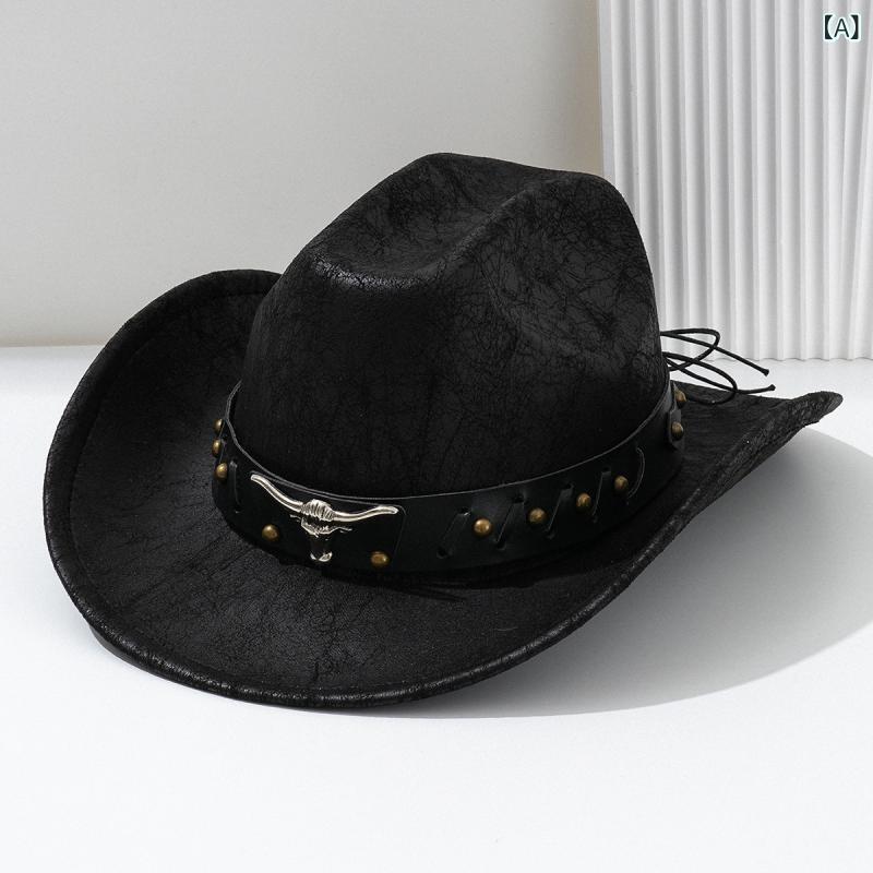 ハット 男女兼用 ユニセックス PUレザー カウボーイハット テンガロンハット 立体ブルスタッズ メタル..