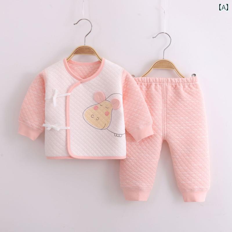 Overalls - ベビーウェア 新生児 乳幼児用 上下セット パジャマ 肌着 インナー 綿100% 3層保温 縫い目なし 肌に優しい シームレス A類綿 斜め襟 紐結び 前開き 長袖 秋冬春 男女兼用 ピンク イエロー ブルー