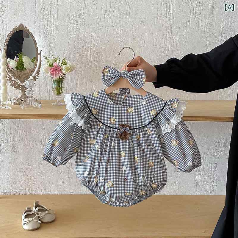 ベビー服 女の子 春秋 長袖 クマ チェック柄 フリル コットン プルオーバー ロンパース ワンピース 姉..