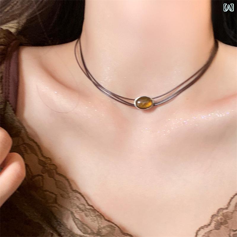 ネックレス レディース レザー タイガーアイ レトロ 上品 高級感 個性的 重ね付け チョーカー 中国風 ..