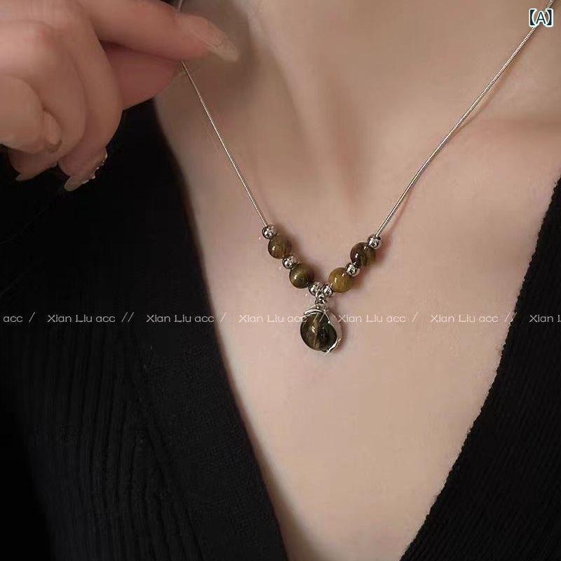 ネックレス レディース レザー タイガーアイ レトロ ヴィンテージ エレガント 上品 高見え チャイナ風 ..