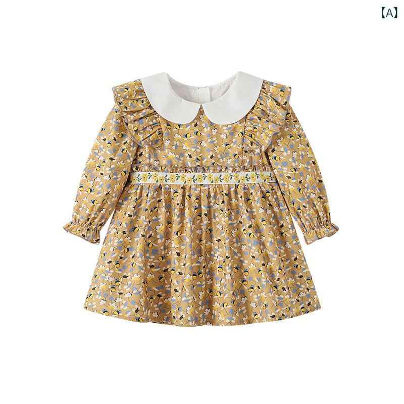 ワンピース キッズ 女の子 プリンセスドレス 田園風 フリル襟 花柄 秋冬 Aライン 長袖 コットン100% かわいい お出かけ着 普段着