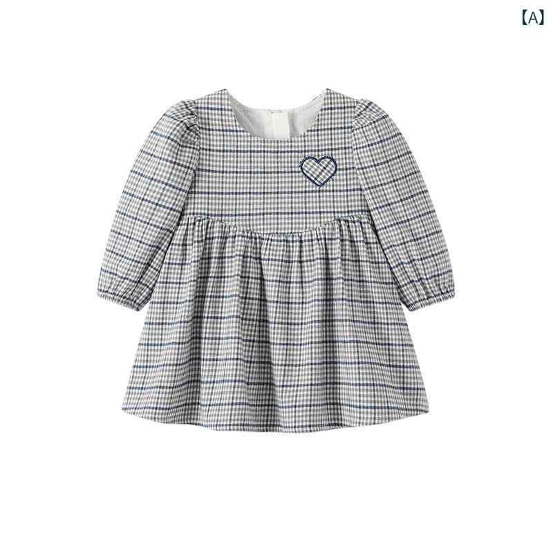 ワンピース ベビー 女の子 キッズ 春秋 長袖 チェック柄 ハート模様 フリルヘム コットン 綿素材 かわいい グレー ピンク お出かけ 普段使い 通園 1歳 2歳 3歳