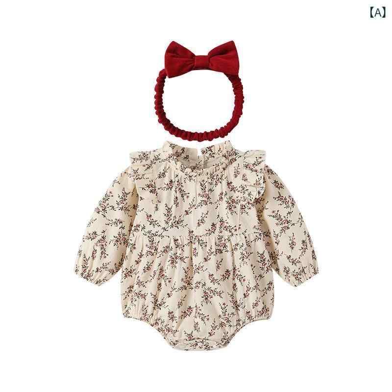 ロンパース ベビー 新生児 女の子 男の子 春秋 赤ちゃん 長袖 カバーオール ボディスーツ 綿 コットン フリル襟 田園風 レッド 小花柄 プリント かわいい