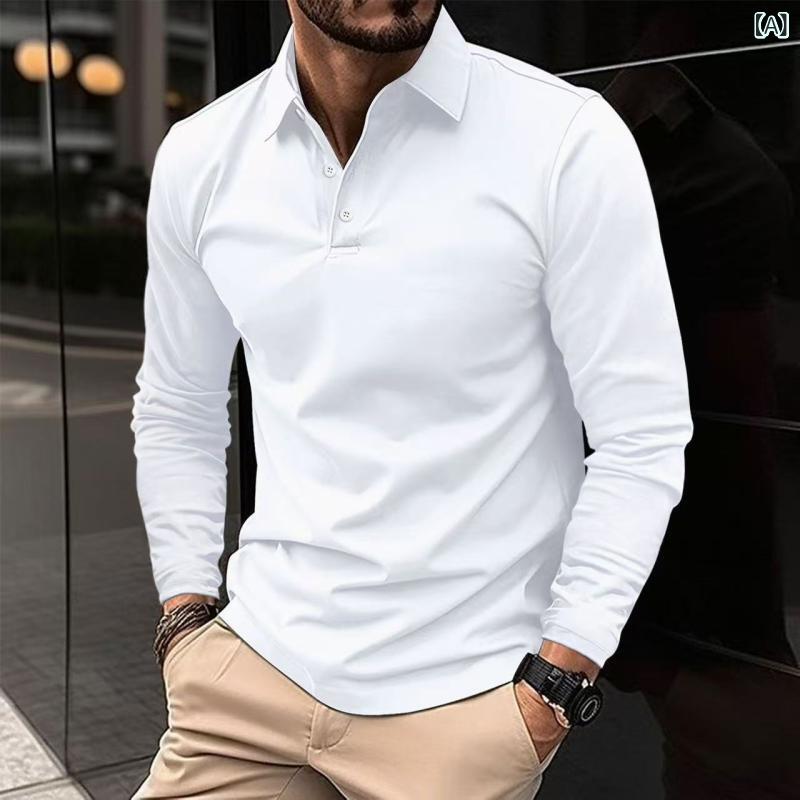 Rakuten - POLOシャツ メンズ 男性用 春夏 薄手 アメカジ アメリカン レトロ カジュアル ファッション 長袖 レギュラーショルダー 無地 ポリエステル ウォッシャブル 高伸縮性 スリムフィット ホワイト ブラック