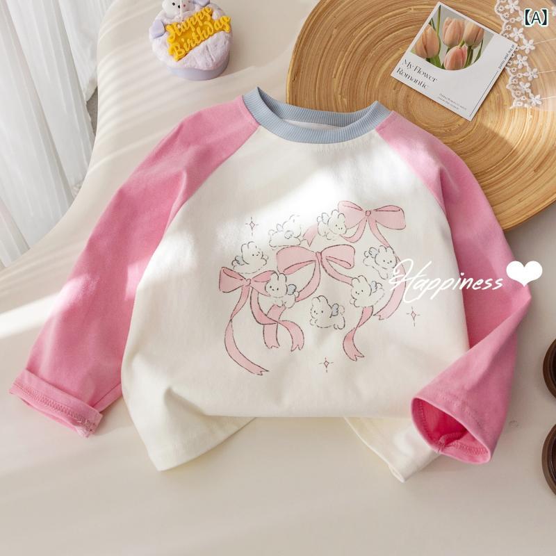 Tシャツ 女の子 ベビー 長袖 切り替え 配色 ウサギ プリント かわいい おしゃれ トップス 春秋 綿 コットン 柔らかい 吸湿速乾 丸首 子供服 ピンク 普段使い 韓国風 カジュアルウェア