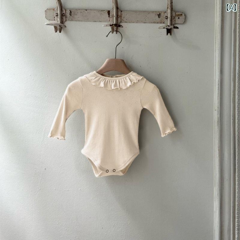 ロンパース ベビー 赤ちゃん 男女兼用 春秋 綿 コットン 無地 ハート柄 ジャカード織り 波型フリル 長..