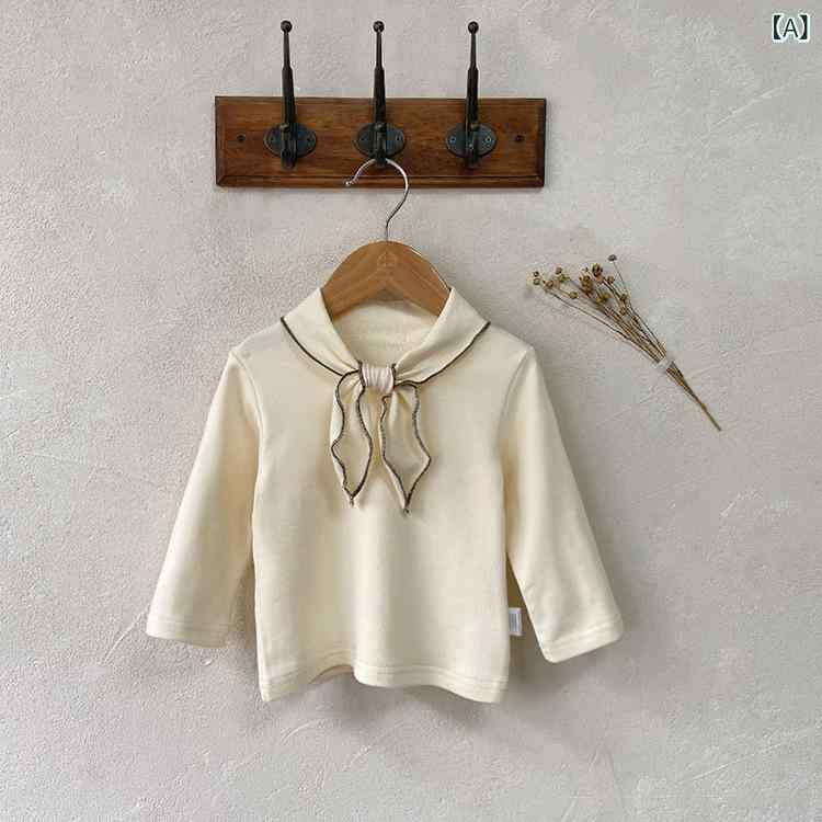 Tシャツ ガールズ ベビー 韓国風 リボン スカーフ襟 長袖 トップス コットン 吸湿速乾 柔らかい肌触り 無地 かわいい 普段使い デイリーユース 秋冬 クリーム カフェオレ