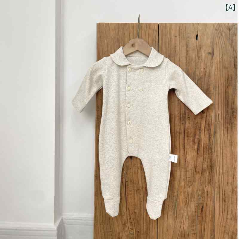 Overalls - ロンパース ベビー 新生児 男の子 女の子 足つき 長袖 前開き ボタン留め フリル襟 綿 コットン 薄手 春秋 韓国風 花柄グレー オフホワイト ライトベージュ