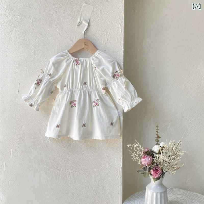 ワンピース 女の子 ベビー服 子供服 春秋 綿100% 花柄 刺繍 ライトアプリコット ランタンスリーブ パフスリーブ プリンセス ロング丈 ドレス