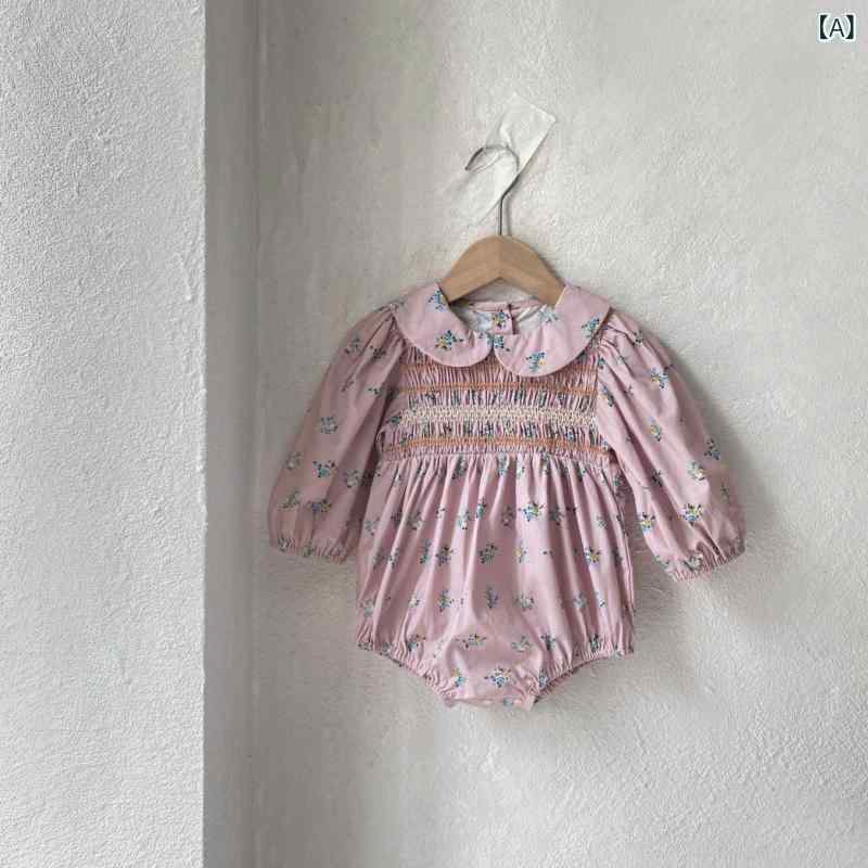 ロンパース 女の子 ベビー 長袖 綿100% 小花柄 丸襟 クルーネック 春秋 カバーオール スイート かわい..