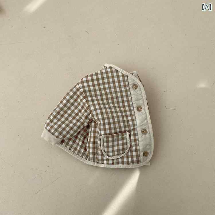 アウター キッズ ベビー 男の子 女の子 コットン 厚手 中綿入り チェック柄 シングルボタン 韓国風 ポケット付き ラウンドネック ショート丈 柔らかな肌触り...