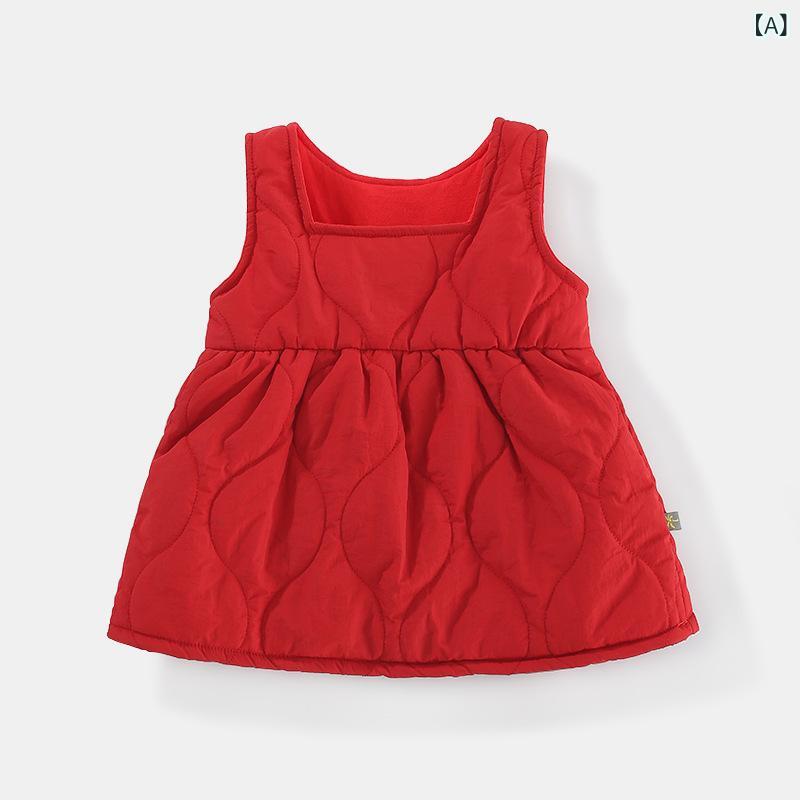 ロンパース ベビー 女の子 女児 赤ちゃん 秋冬 キルティング 中綿入り コットン ジャンパースカート風 厚手 暖かい プルオーバー レッド 赤 中国風