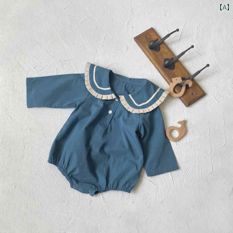 ロンパース 女の子 ベビー 新生児 綿100% カバーオール フリル襟 スクール風 長袖 春秋 ボディスーツ ..