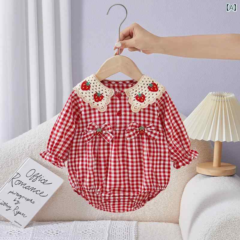 ロンパース 女の子 ベビー 赤 長袖 いちご柄 チェック 春秋 綿100% 新生児 0ヶ月 3ヶ月 6ヶ月 1歳 カバーオール お祝い着 記念撮影 普段使い 肌に優しい 股下スナップ