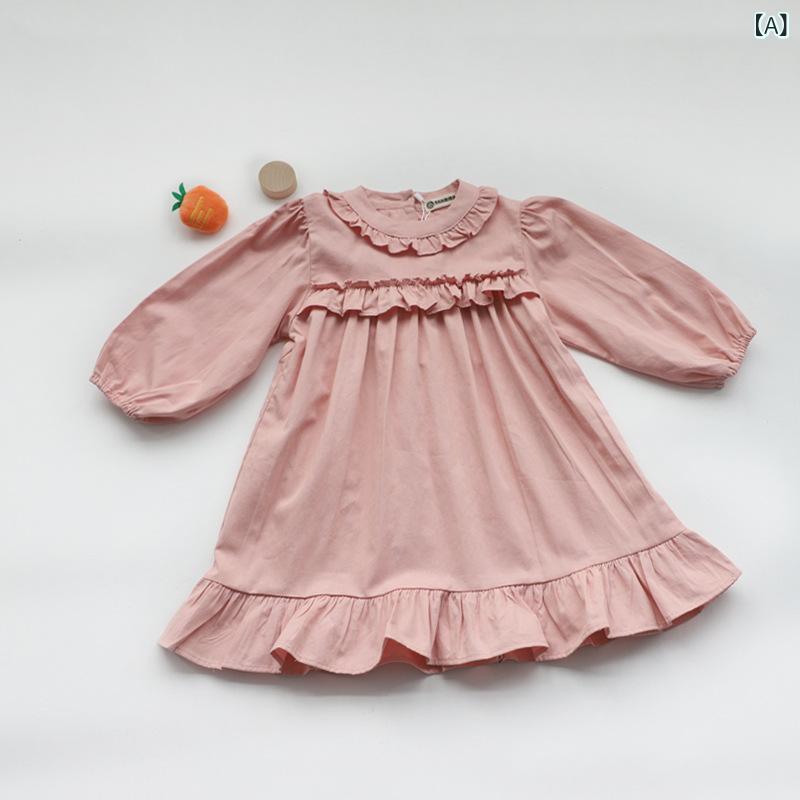 Rakuten - ワンピース 女の子 ベビー 韓国風 ドール風 フリル 長袖 ロング丈 プリンセス かわいい 織り綿 コットン ピンク 黄色 普段使い お出かけ 発表会 誕生日 パーティー 春秋