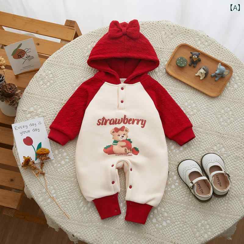 ロンパース 女の子 ベビー 裏起毛 フード付き いちご クマ 長袖 カバーオール 秋冬 あったか 防寒 新生児 女児 赤ちゃん 出産祝い プレゼント 普段着 かわいい ポリエステル 韓国風
