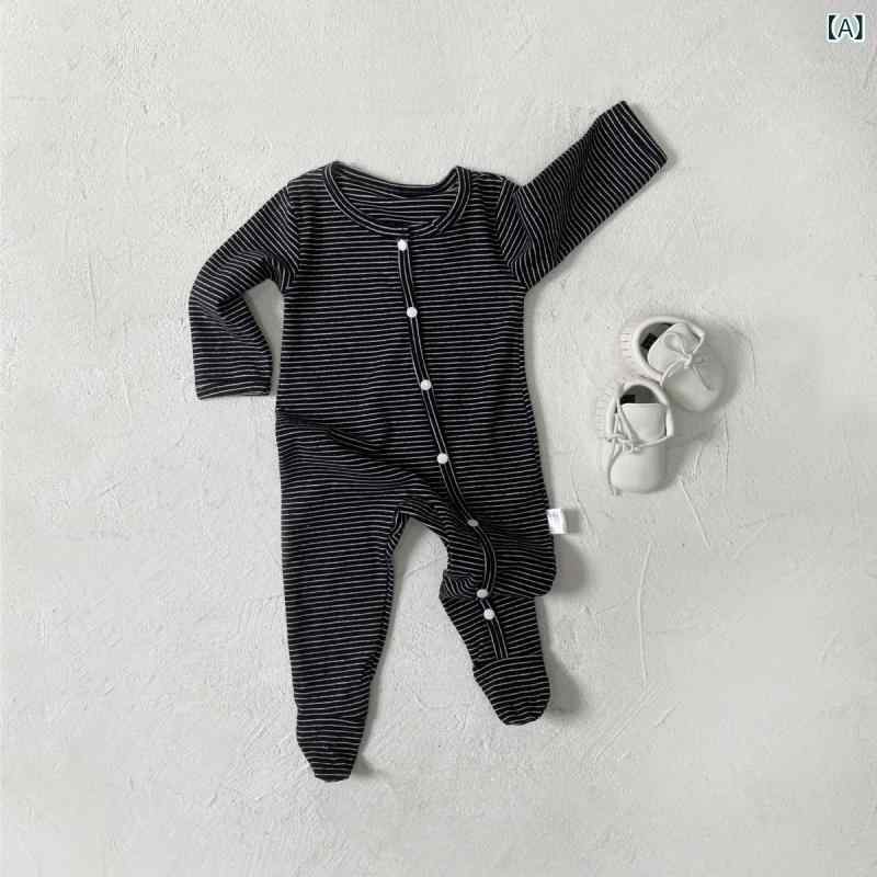 Overalls - ロンパース ベビー 新生児 赤ちゃん 韓国風 ストライプ 前開き 足つき 長袖 カバーオール 綿 コットン 天竺ニット 伸縮性 柔らかい 肌に優しい 普段使い 部屋着 春秋 秋冬 男女兼用 黒 オフホワイト ベージュ ブラウン