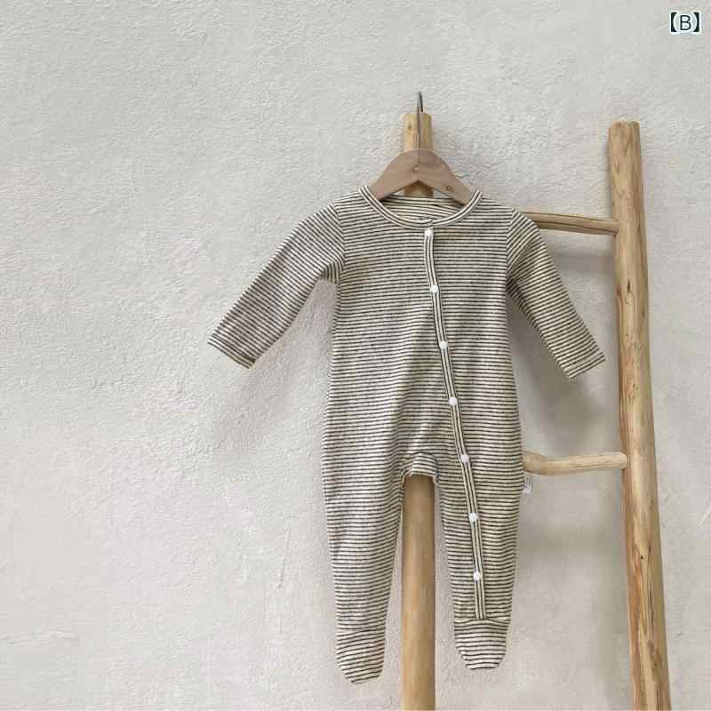 ロンパース ベビー 新生児 赤ちゃん 韓国風 ストライプ 前開き 足つき 長袖 カバー...