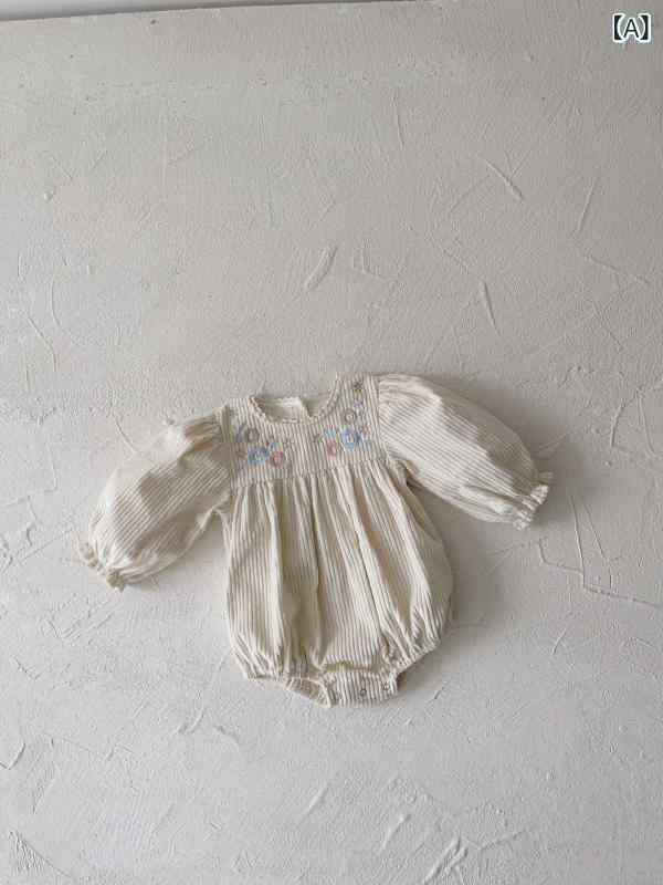 ロンパース カバーオール 女の子 ベビー 女児 赤ちゃん 春秋 綿 コーデュロイ 長袖 刺繍 レース おしゃれ かわいい 韓国風 ベージュ 普段使い お出かけ ルームウェア 1歳 2歳 3歳 幼児