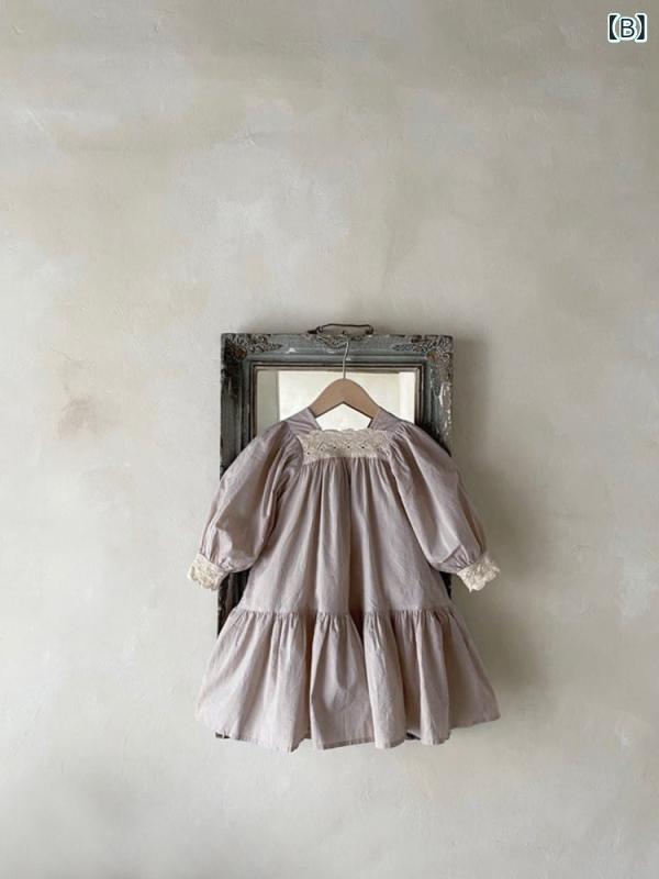 narukiのワンピース 女の子 ベビー 韓国子供服 春秋 上品な フリル襟 パフスリーブ プリンセス Aライン ロング丈 綿 コットン 柔らかい肌触り お出かけ 普段使い｜アングル2