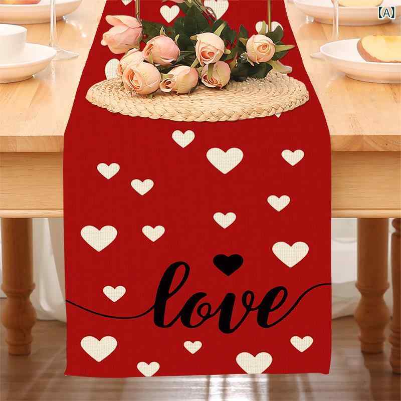 テーブルランナー バレンタイン プリント コットンリネン 北欧風 長方形 滑り止め 耐摩耗 防塵 インテリア雑貨 パーティー イベント装飾 テーブルセンター