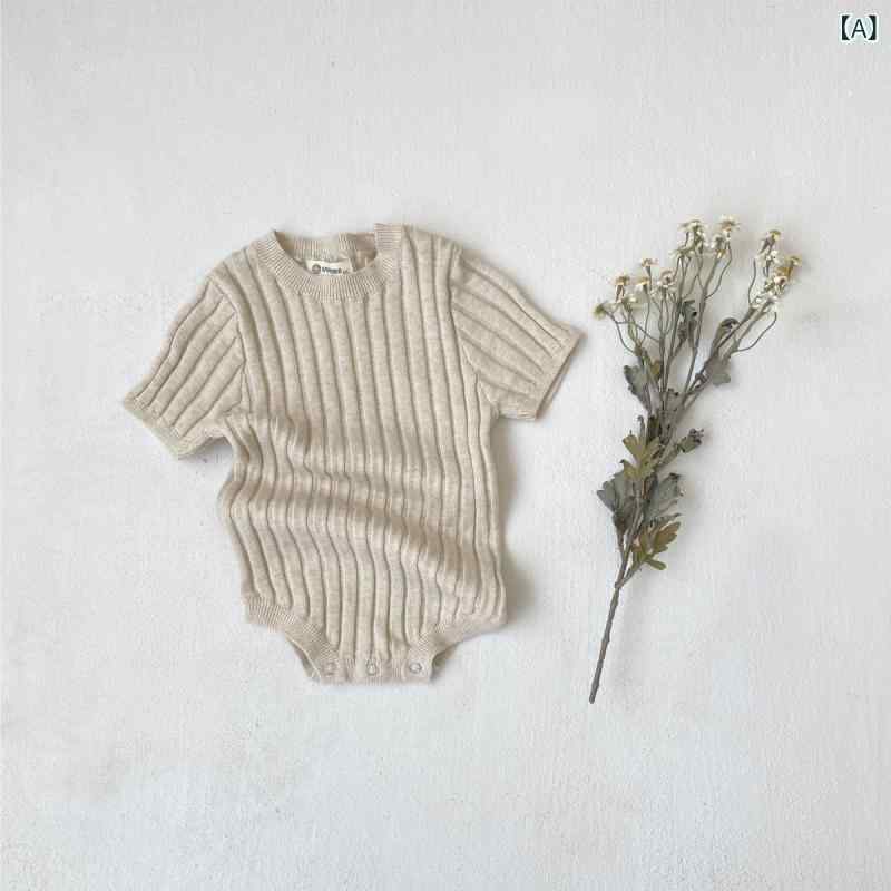 ロンパース ベビー 男の子 女の子 春夏 半袖 綿 リブ編み ニット カバーオール ボディスーツ 普段使い ..