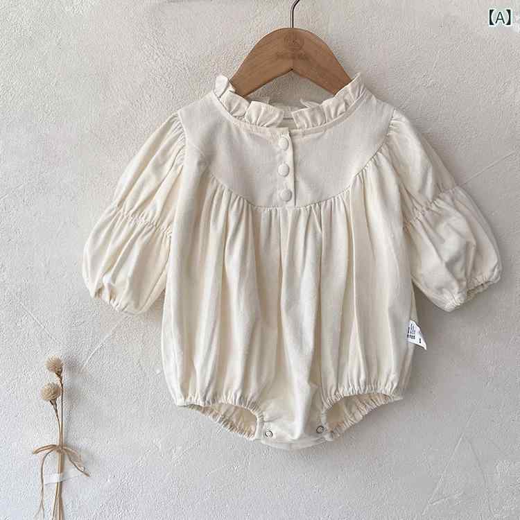 Rakuten - ロンパース 女の子 ベビー 新生児 乳幼児 1歳 2歳 3歳 春秋 小花柄 フリル襟 長袖 綿麻 コットンリネン 韓国風 ライトベージュ おしゃれ かわいい 普段着