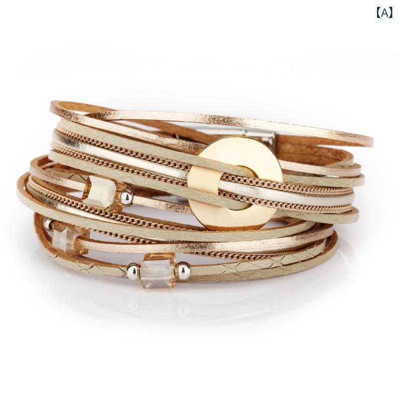 ブレスレット レディース ボヘミアン 多重巻き ハンドメイド風 デザイン お洒落 カジュアル ファッション 合金製 ゴールドカラー 普段使い 旅行 お出かけ