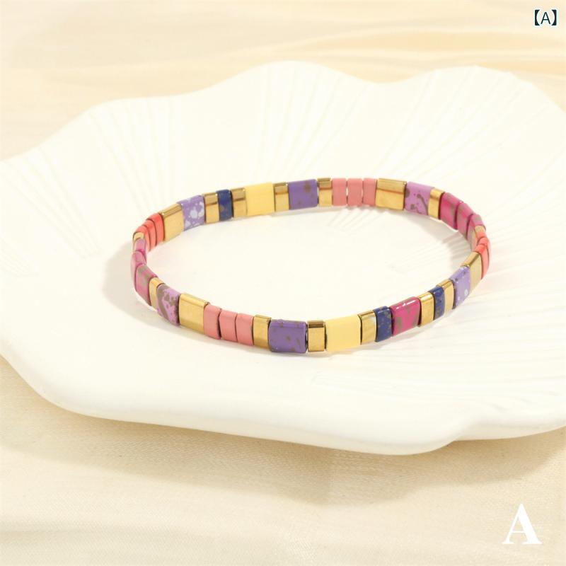 ブレスレット レディース レトロ ヴィンテージ TILAビーズ スクエア ボヘミアン 手編み 伸縮性 シンプル 幾何学モチーフ ミックス素材