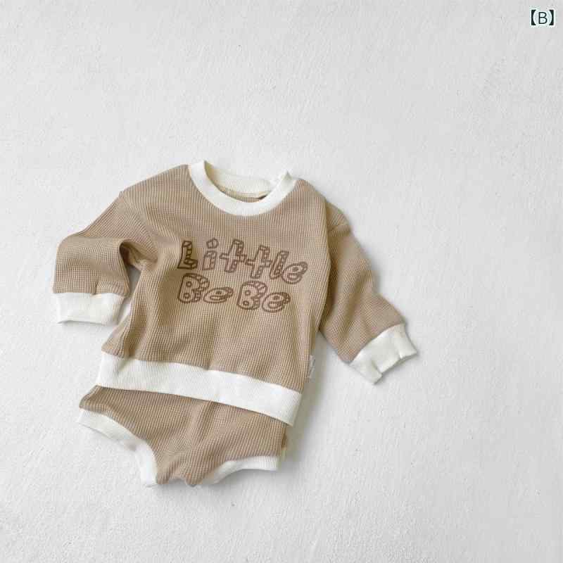narukiのキッズ ベビー 幼児 男女兼用 春夏 韓国子供服 アルファベットプリント ワッフル生地 綿混 長袖Tシャツ プルオーバー ショートパンツ 半ズボン 柔らかい肌触り 上下セット セットアップ 2点セット｜アングル2